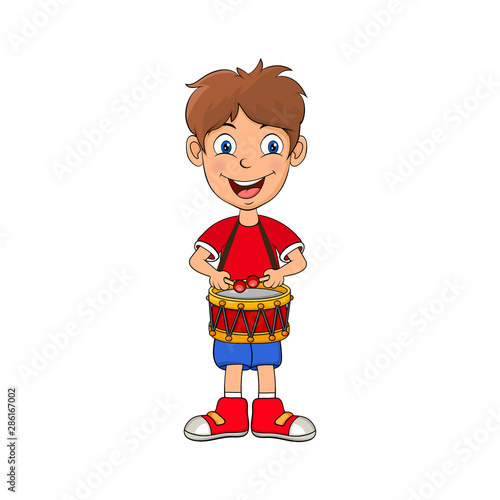 preschooler boy playing on drum cartoon design isolated on white background