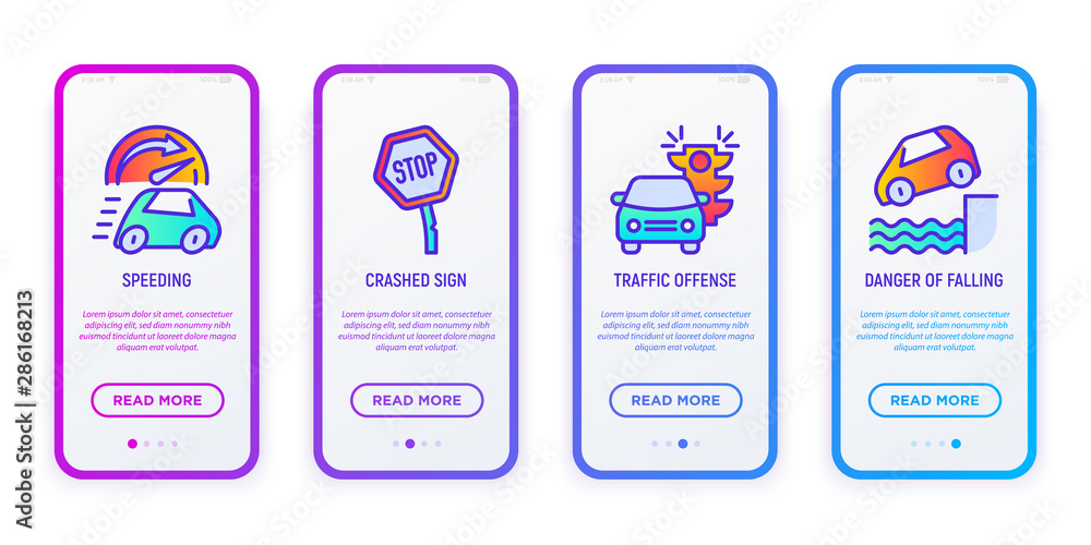 Car insurance mobile user interface: speeding, crashed sign, traffic offense, danger of falling. Thin line icons. Modern vector illustration.