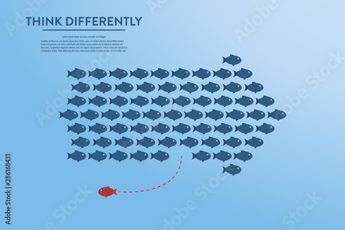 Think differently -One red unique different fish swimming opposite way of identical blue ones.  