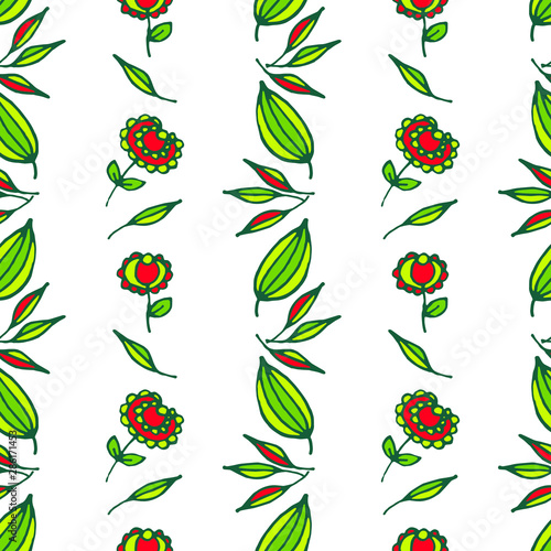 Horizontal ornament of Doodle flowers and leaves isolated on a white background. Seamless vector pattern