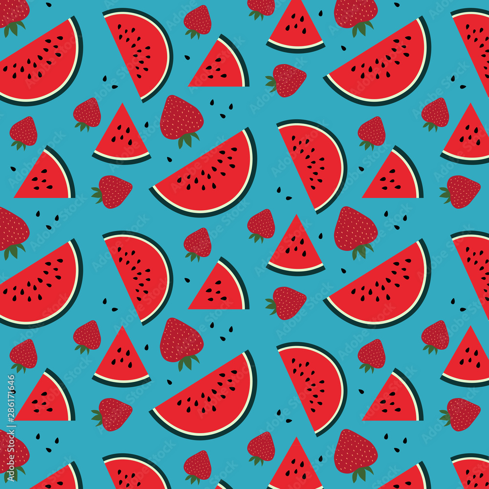 Strawberry and watermelon pattern on a blue background Strawberry and watermelon pattern on a blue background