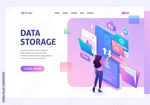 Young girl interacting with the data storage, downloads and uploads files to the cloud. Data exchange concept. 3d isometric. Landing page concepts and web design © elizaliv