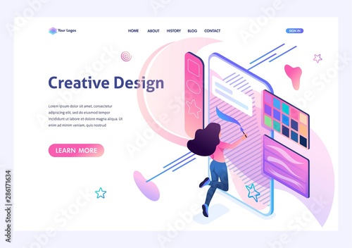 Young girl is engaged in creativity, draws on the smartphone screen using a software application. Creativity concept. 3d isometric. Landing page concepts and web design