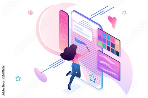 Young girl is engaged in creativity, draws on the smartphone screen using a software application. Creativity concept. 3d isometric. Concept for web design