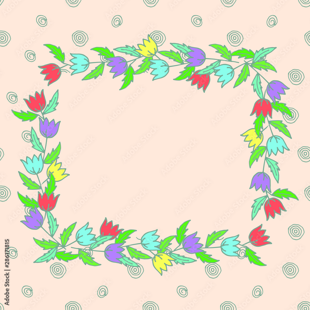 Gentle, naive, square frame of colorful flowers Scilla. Blank copy space for invitations, cards, postcards