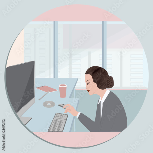 A woman in a respectable age, an elegant sitting behind a desk, a computer - view from the window of the city - vector. Work at home. Online consultation. Mothers Day.