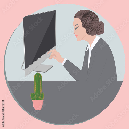 Woman, at a respectable age, elegant - computer, cactus - round icon - vector. Work at home. Online consultation. Mothers Day.