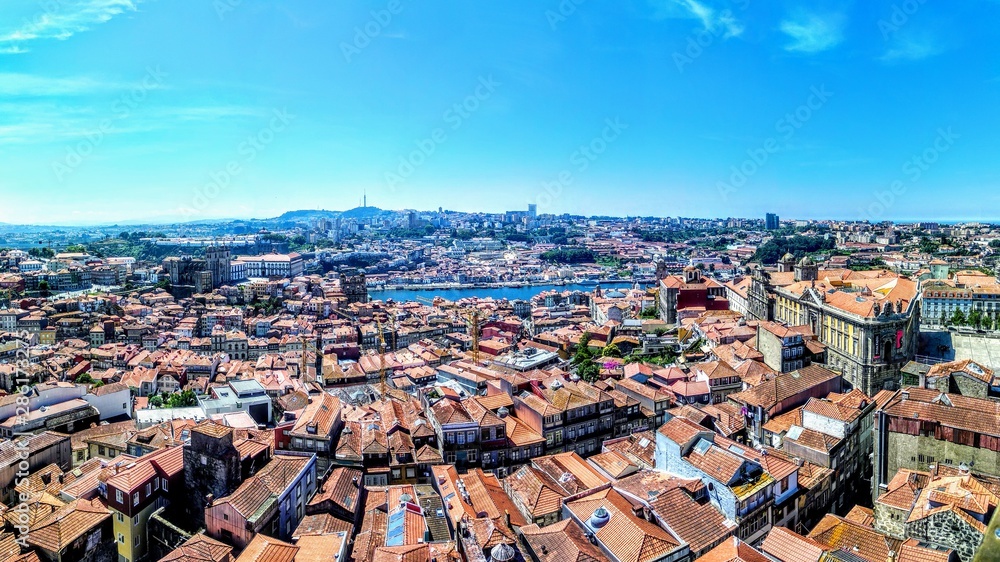 Cidade do Porto, vista da Torre dos Clérigos. Os pormenores nos telhados e nos monumentos.