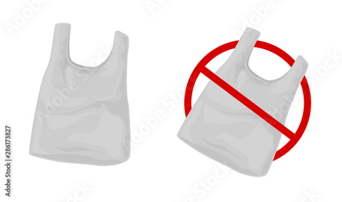 Plastic bag. Stop using disposable polythene package.Sign. Vector cartoon illustration.