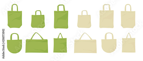 Paper and fabric bag big set with Eco logo. Stop using disposable polythene package Vector cartoon illustration.