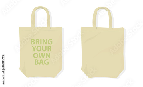 Paper bag with text bring your own bag. Pollution problem concept. Stop using disposable polythene package Vector cartoon illustration.