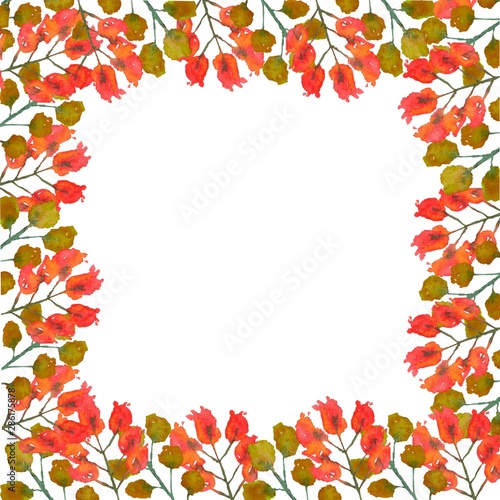 Autumn watercolor frame leaves and flowers. Drawn by hand in red and green colors. Great for all types of design.