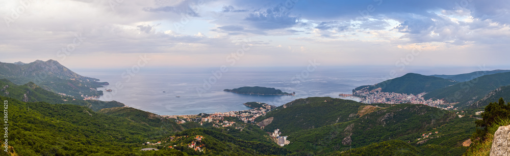 Morning Budva riviera coastline. Montenegro, Balkans, Adriatic sea.