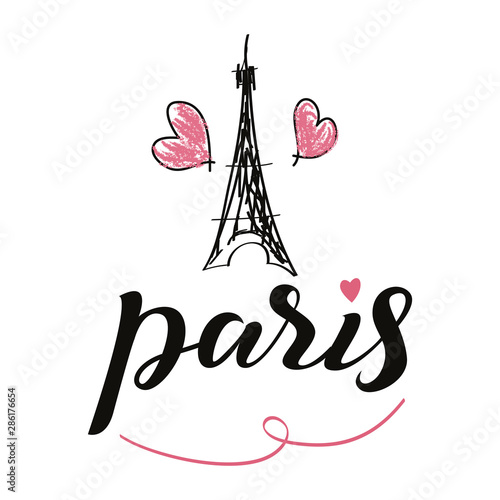 love Paris card. Modern brush calligraphy. Hand drawn lettering phrase. Ink illustration. Isolated on white background.