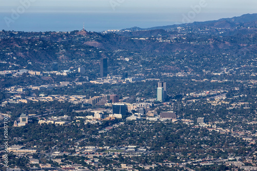 Aerial view of the Burbank Media District  Studio City and the Santa Monica Mountains in scenic Los Angeles  California.  