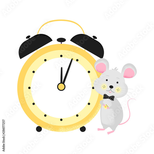 Isolated modern cute cartoon mouse with big clock