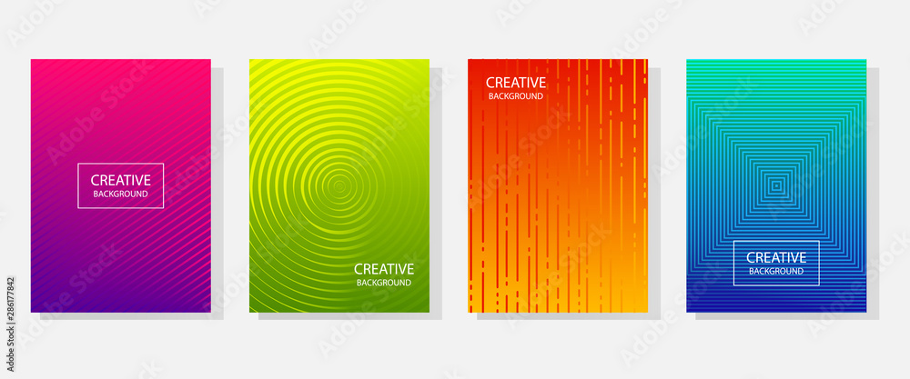 Colorful set of abstract dynamic modern bright banners with different texture, template cover design. Space for your text with geometric patterns. Colored halftone gradient. Vector illustration