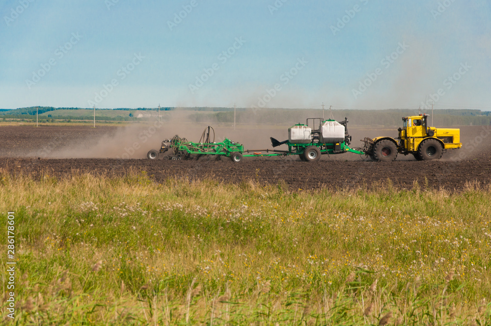 Fototapeta premium Combine-harvester collecting wheat grain. The theme is agriculture.