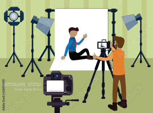 Photography studio's owner,cartoon concept,Photographer is taking photo the model - vector