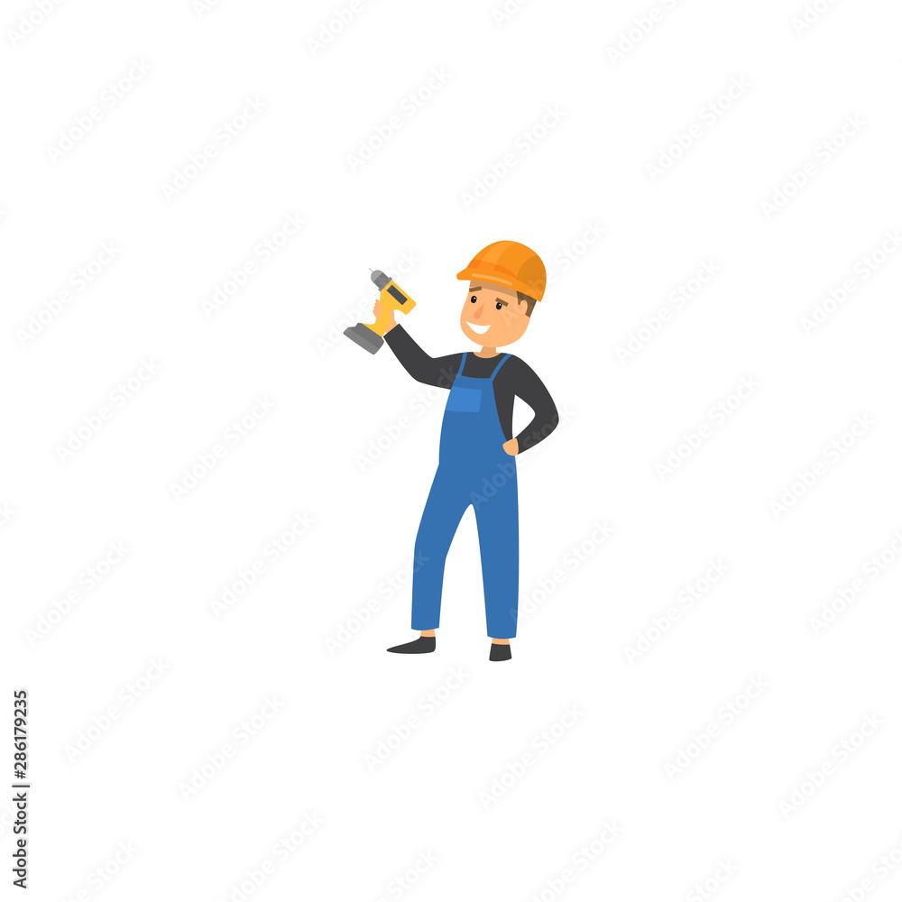 Builder with helmet, holding a level bubble. Raster illustration isolated on white background Builder with helmet, holding a level bubble. Raster illustration isolated on white background