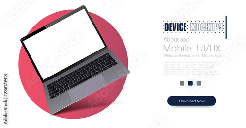 Laptop frame less blank screen, rotated position. 3D isometric illustration notebook. Mock up Laptop perspective view. Template for infographics or presentation UI design interface. Vector