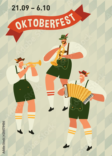 Oktoberfest. Funny cartoon characters in Bavarian folk costumes of Bavaria celebrate and have fun at Oktoberfest beer festival. Party Concept Flat Vector Illustration.