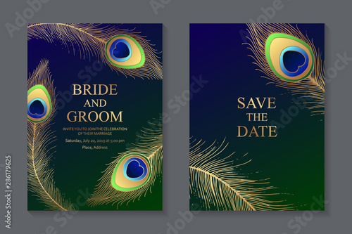 Wedding invitation design or greeting card templates with golden peacock feathers on a dark blue and green background.