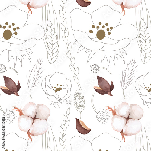 Seamless pattern with big cotton flowers, cotton branches, wild grass and dried flowers in line art style mix with hand painted watercolour