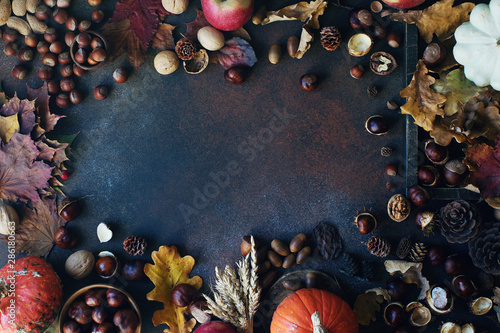 Autumn background with decorative pumpkin, acorns, nuts and autumn leaves  on dark stone table
