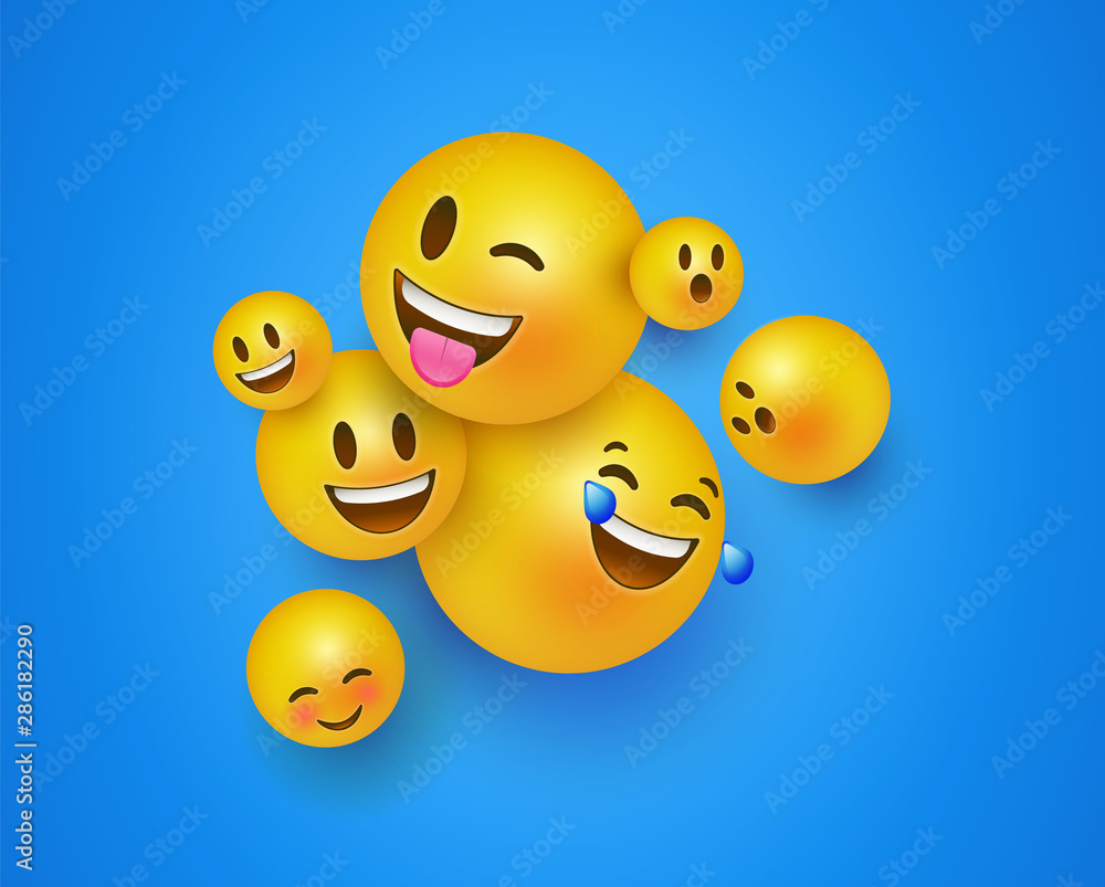 3D yellow smiley face icons on blue background 3D yellow smiley face icons on blue background