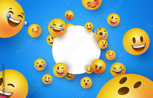 Fun yellow smiley icon white circle frame template