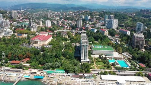 Aerial view. Panoramic view of the city center of Sochi, Russia. City beach. Tall beautiful buildings on the black sea. Expensive hotel. Winter theatre. Hotel Zhemchuzhina.