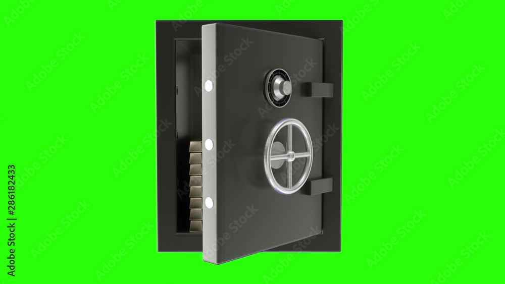 3d animation of opening and close a metal safe bank box with stack of golden ingots. Green Screen 3d animation of opening and close a metal safe bank box with stack of golden ingots. Green Screen