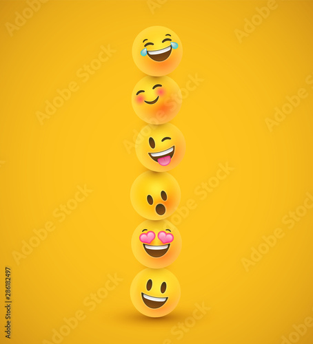 Fun yellow 3d emoticon face icons in funny tower