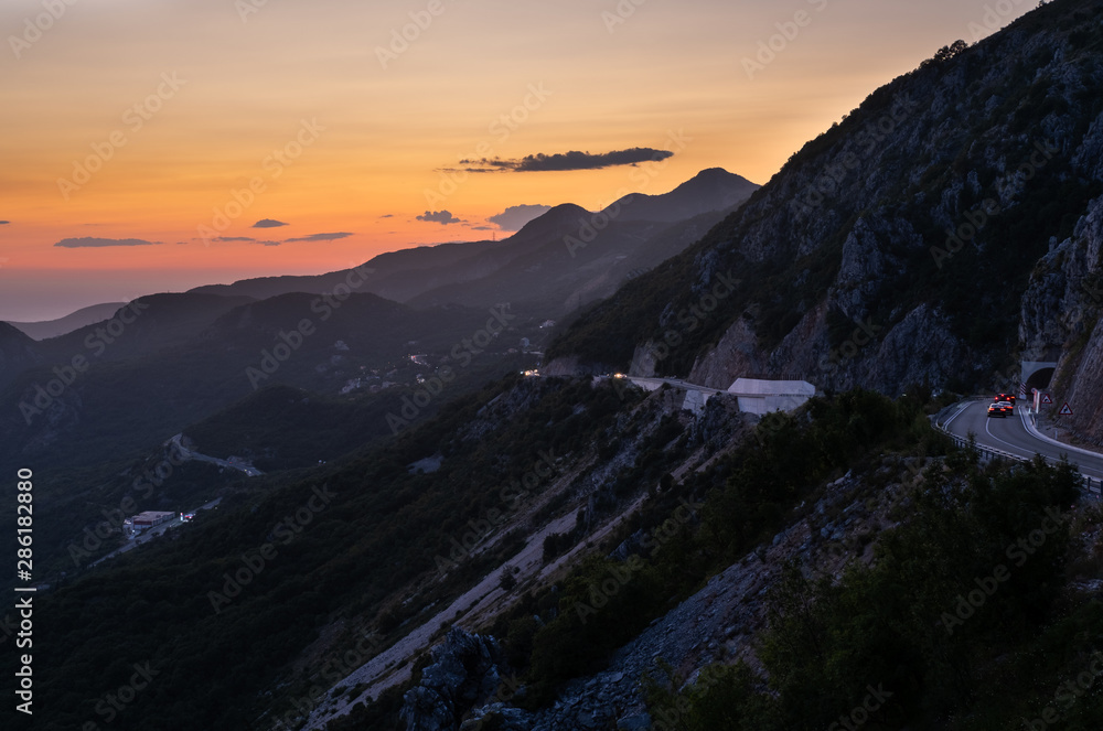 Obraz premium Budva riviera night coastline. Montenegro, Balkans, Adriatic sea.