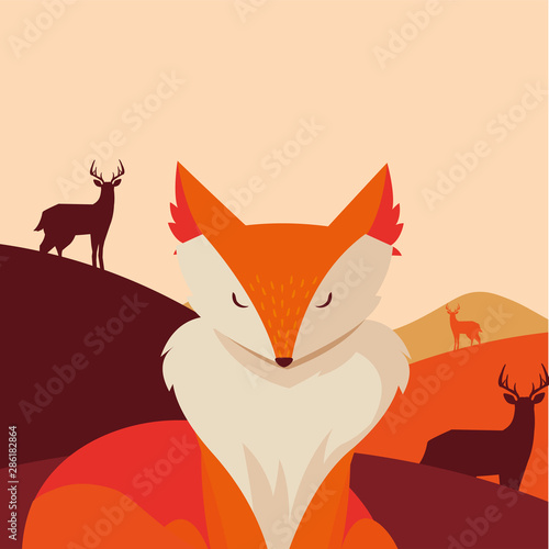fox mammal happy autumn season flat design