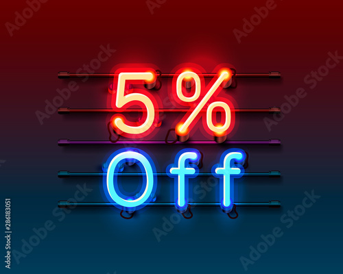 Neon frame 5 off text banner. Night Sign board.