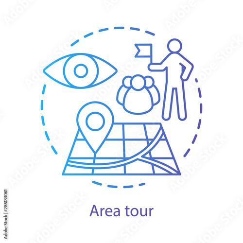 Area tour planning concept icon. Tourism, visiting sights, landmarks idea thin line illustration. Guide leading tourists group, showing attractions. Vector isolated outline drawing. Editable stroke