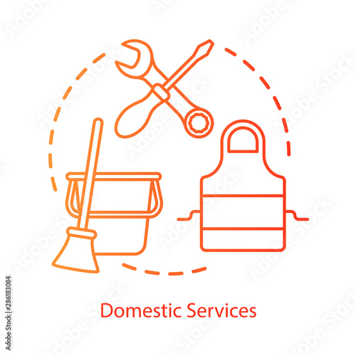Domestic services and duties concept icon. Housekeeping, cleaning, cooking idea thin line illustration. Domestic chores, utilities repair, housework. Vector isolated outline drawing. Editable stroke