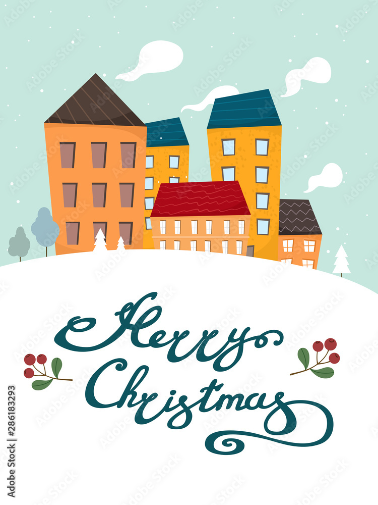 Winter and snowy city background with handwritten text. Vector illustration in cartoon flat style. Merry christmas.