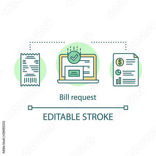 Bill request concept icon. Receipt, budget distribution application idea thin line illustration. Online finance management service, expense calculator. Vector isolated outline drawing. Editable stroke