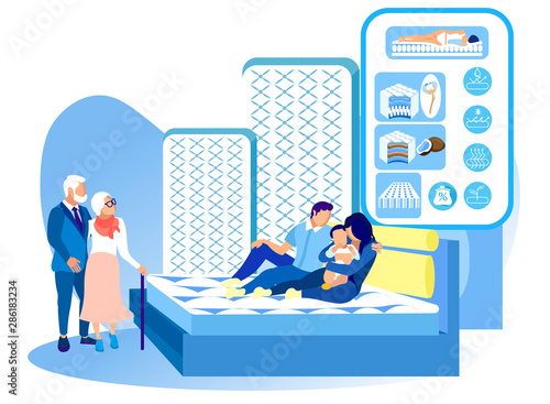 Family Testing Mattress in Salon Mattress. Vector.