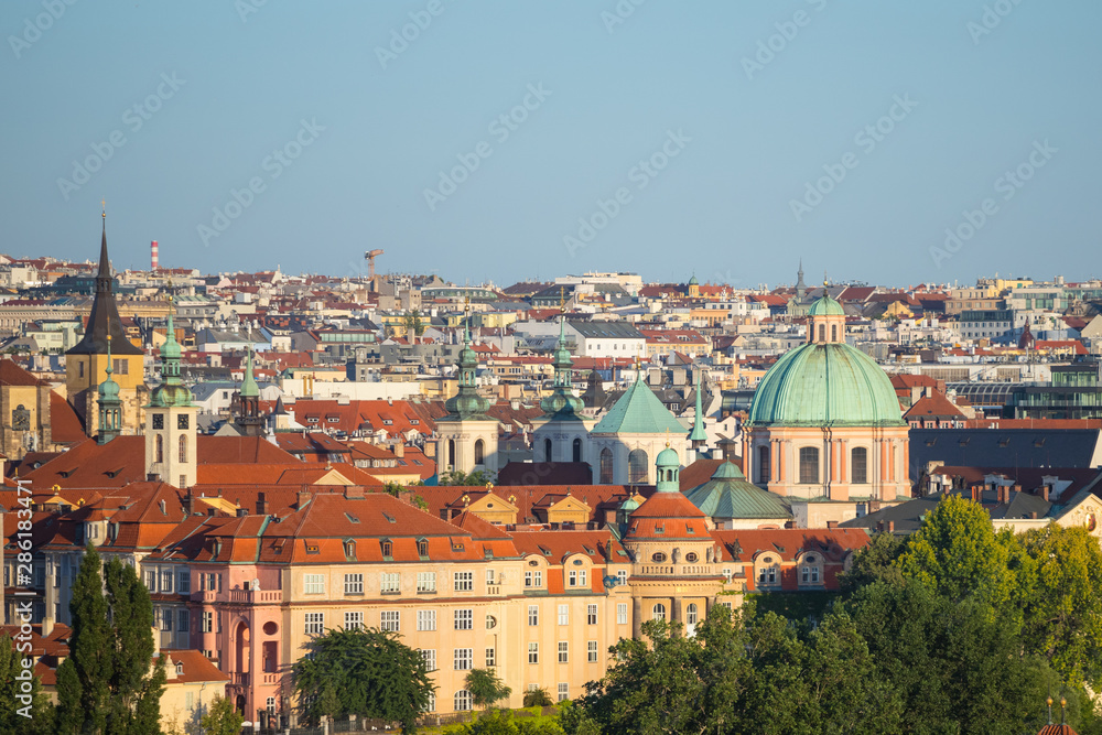 Cityscape of Prague, roofs of old town center.
