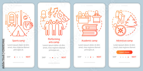 Interest, hobby camps onboarding mobile app page screen vector template. Talent club, community. Walkthrough website steps with linear illustrations. UX, UI, GUI smartphone interface concept