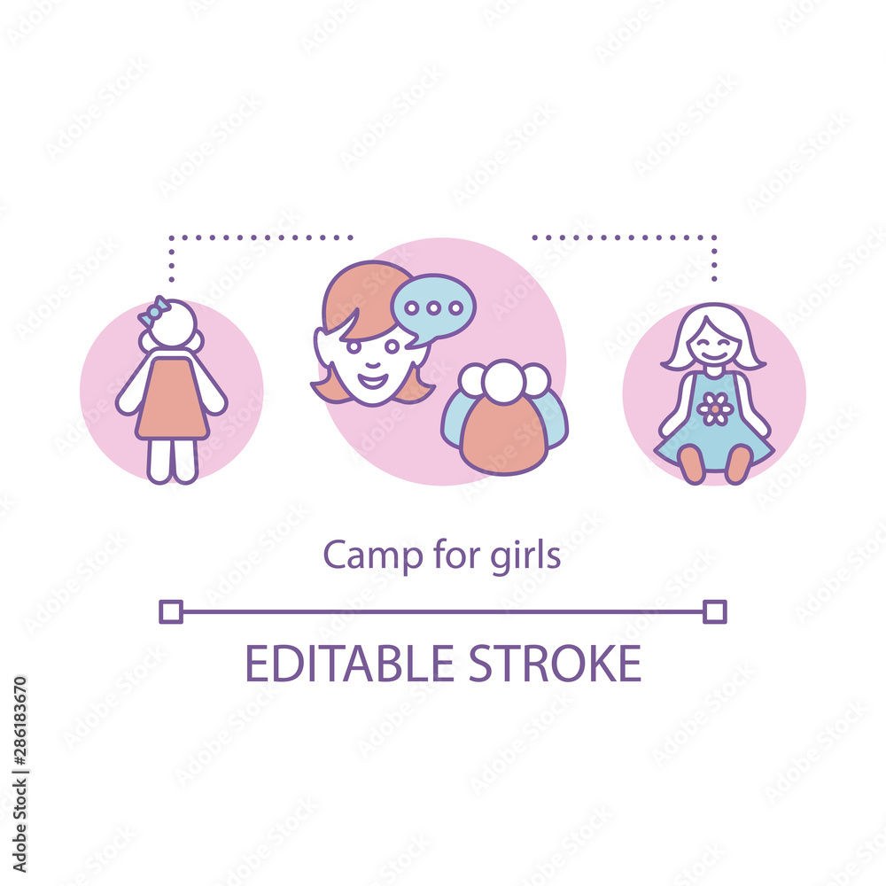Fototapeta premium Camp for girls concept icon. Summer fun activities club idea thin line illustration. Child holiday resort. Educational after school facility. Vector isolated outline drawing. Editable stroke