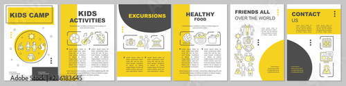 Kids camp organisation advertisement brochure template layout. Flyer, booklet, leaflet print design with linear illustrations. Vector page layouts for magazines, annual reports, advertising posters