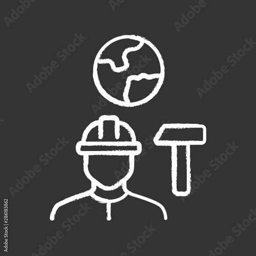 Job for immigrants chalk icon. Migrant, refugee employment. Construction worker. Finding work abroad. Hard hat worker, handyman. Searching for job. Isolated vector chalkboard illustration