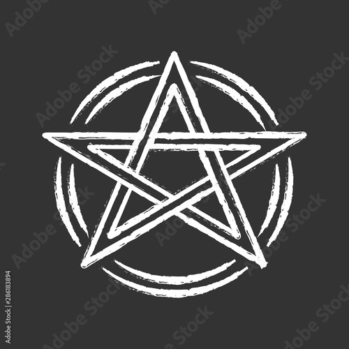Pentagram chalk icon. Occult ritual pentacle. Devil star. Satanic cult, wiccan & pagan symbol. Witchcraft, esoteric and diabolic sign. Mystic heptagram. Isolated vector chalkboard illustration