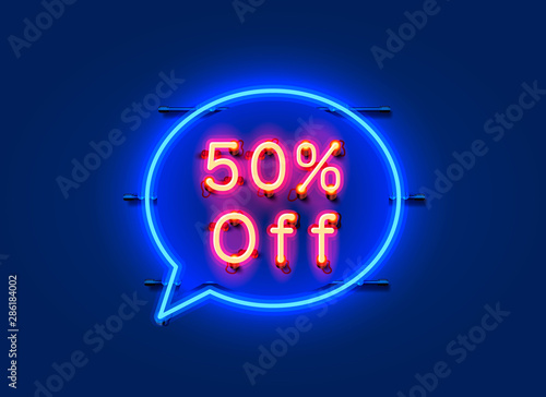 Neon chat frame 50 off text banner. Night Sign board.