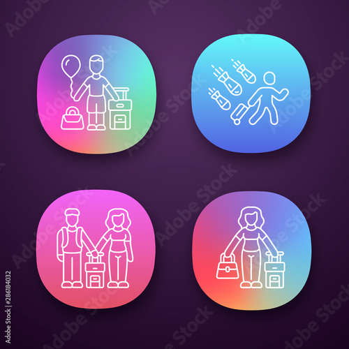 Refugees app icons set. Couple, kid travel abroad with suitcase. Tourist, traveler, passenger. Immigrant child, family. UI/UX user interface. Web or mobile applications. Vector isolated illustrations